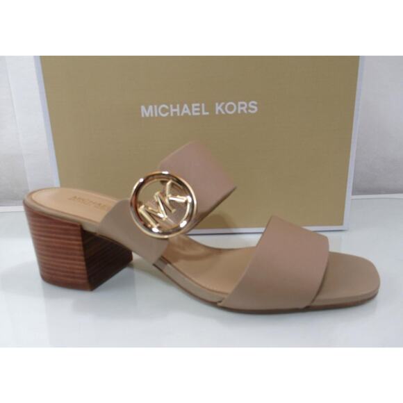 Michael Kors Summer Mid Heeled Sandals Mule MK Logo Leather Camel Nude Size 7.5 - Picture 1 of 8